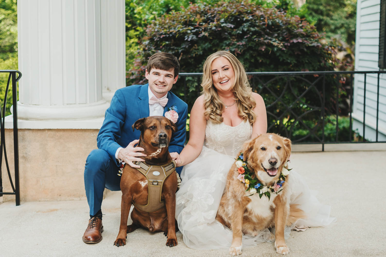 Groom with bride and their two dogs at their wedding