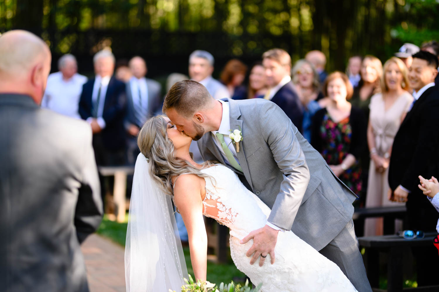 Couple dipping and kissing for their first kiss