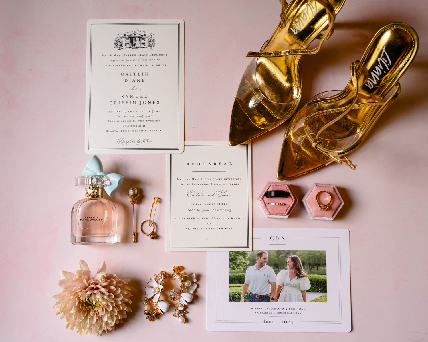 Wedding details, wedding invite, shoes, and rings